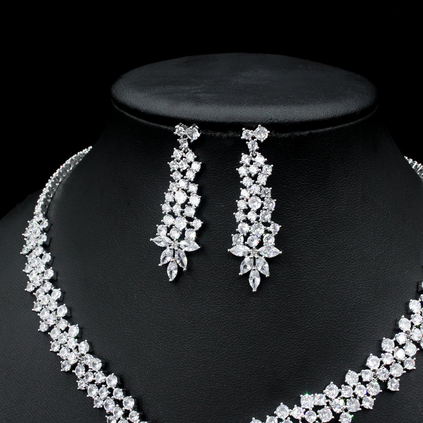 Silver Needle Jewelry Set | Exaggerated Zircon Earrings & Necklace